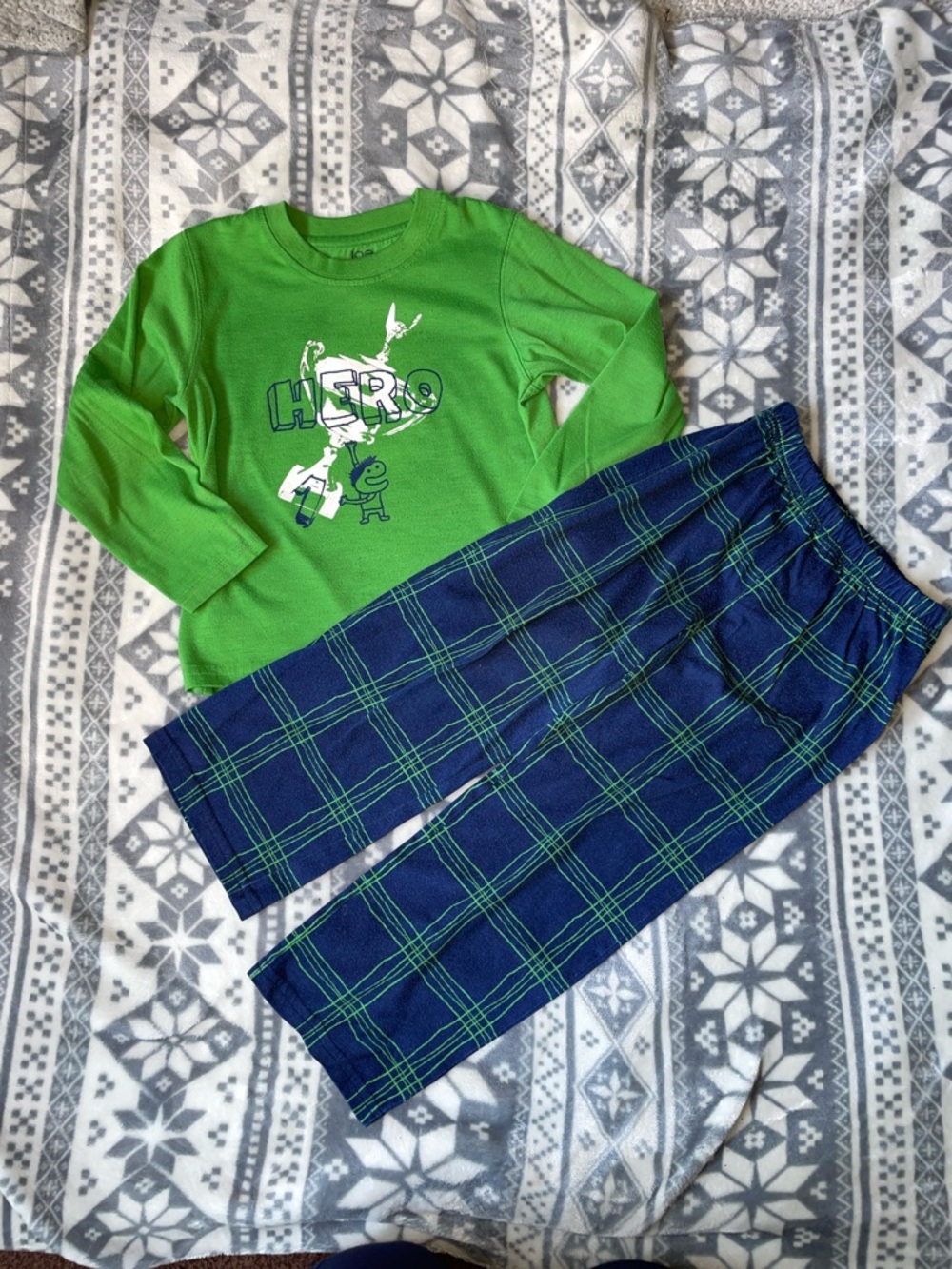 Joe Fresh Bright Green 'Hero' Top with Navy and Green Plaid Pajama Pants